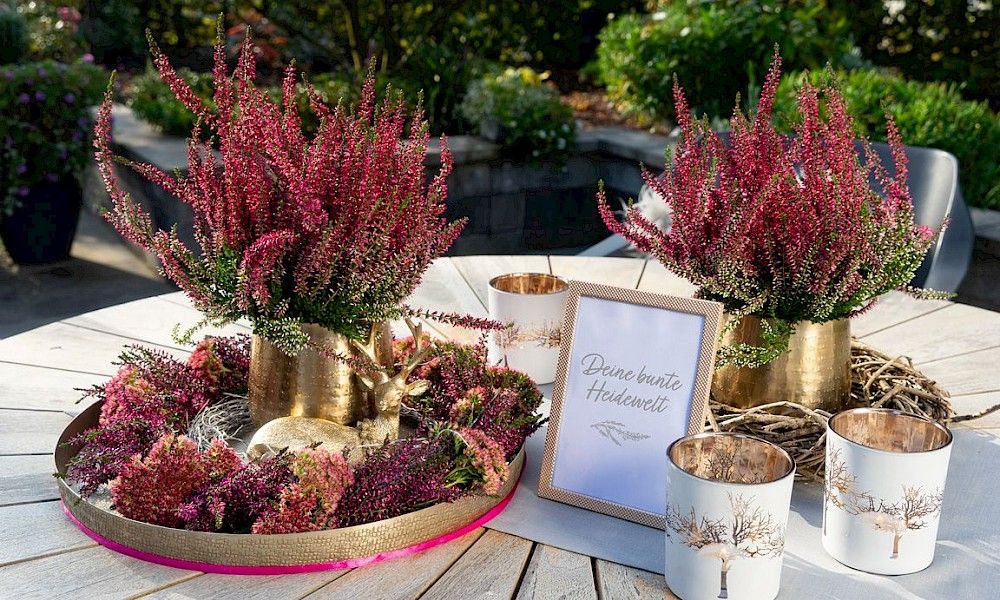 Gardengirls® Knospenheide – herbstliche Tischdekoration mit Gold