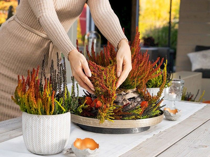 Gardengirls® Sunset Fire® table decoration with heather for terrace and balcony