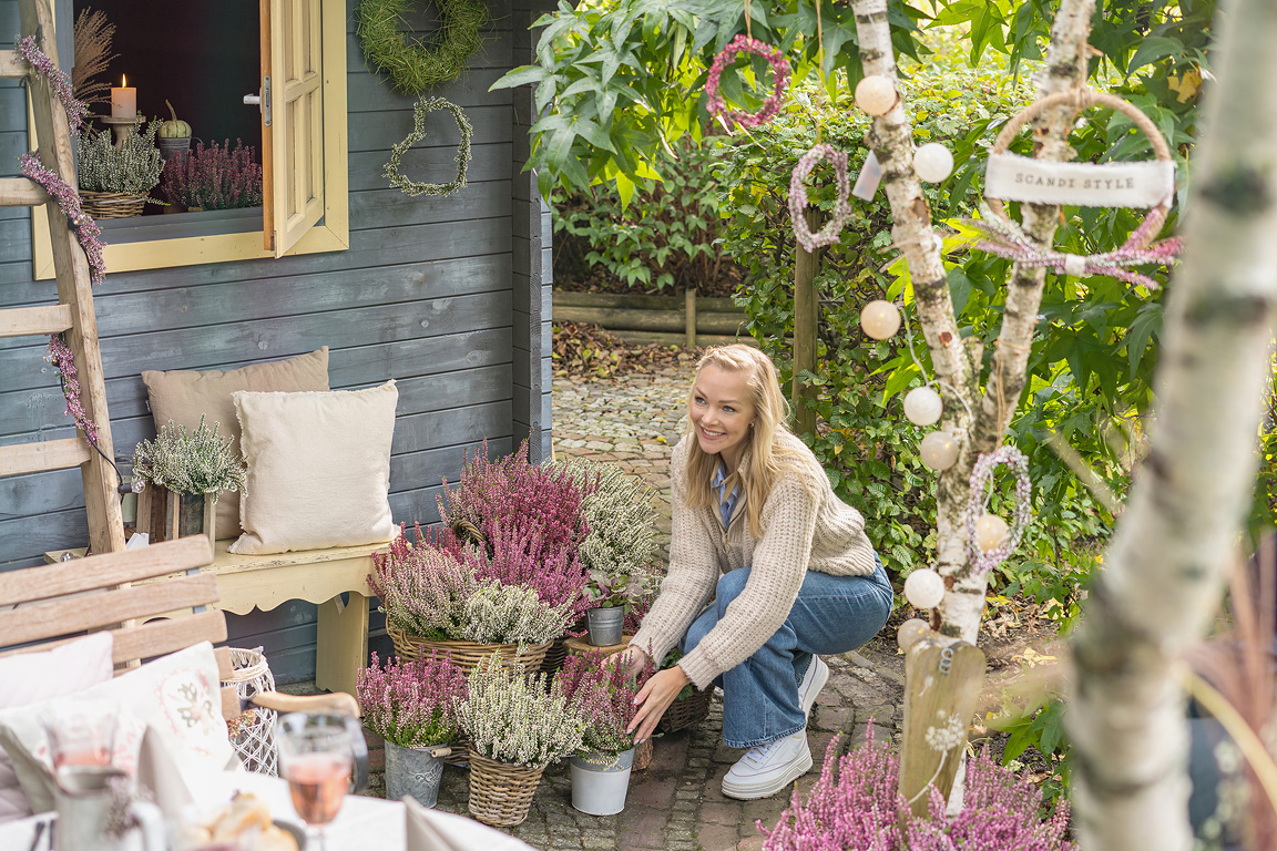 Gardengirls Lönneby – Kübel mit Heide im Garten dekoriert